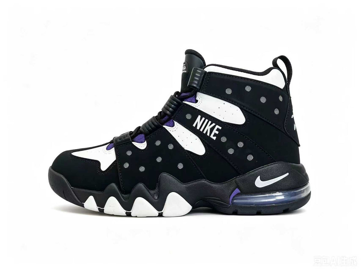 Black and white Nike high-top sneaker with purple accents, perforated overlays, sculpted sole, and visible heel air unit