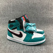 Pair of teal and white Air Jordan 1 high-tops with black laces and spare teal laces.