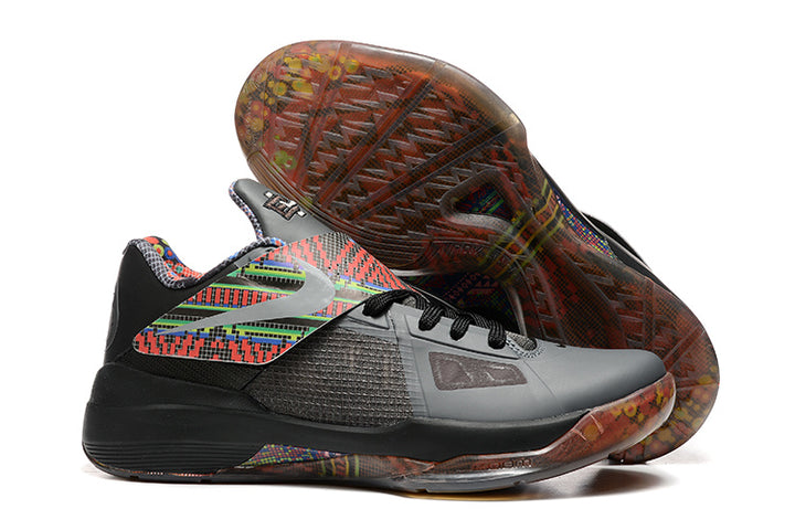 Gray and black Nike KD 4 shoe with multicolor accents and a patterned translucent outsole.