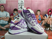 Angled view showing the patterned upper, purple laces, side Swoosh, and padded collar of the purple and white sneakers.