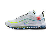 Side profile of a white Nike Air Max 97 sneaker with visible Air unit and multicolor details