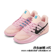 Pale pink Sabrina 3 basketball shoes with blue tongue accents; caption gives style code 8826-16 and sizes 36–46.