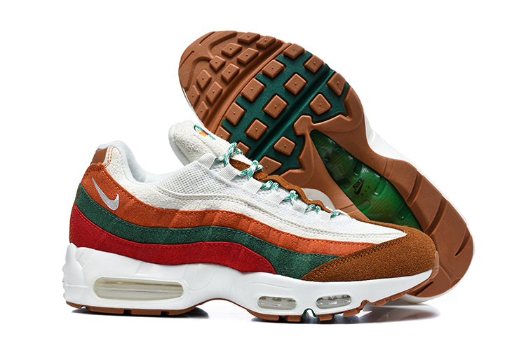 Nike Air Max 95 TT sneakers shown from the side with a second shoe displaying the brown-and-green outsole.