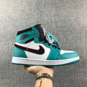Side view of a teal, white, and black Air Jordan 1 high-top with pink-edged black side accents.