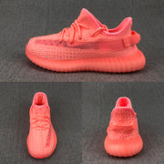 Pink knit sneaker shown from side, top, and rear angles on a dark background.