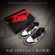 Pair of black and white high-top sneakers beside a shoebox, with a visible size lineup reading 36, 36.5, 37.5, 38, 38.5, 39, 40, 41, 42, 42.5, 43, 44, 44.5, and 45.