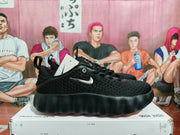 Side view of a black Nike sneaker showing the perforated upper, metallic-look Swoosh, and textured platform-style outsole.