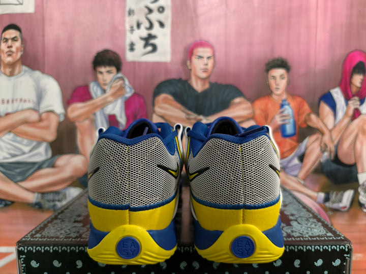 Rear view of royal blue and yellow Nike basketball-style sneakers showing gray mesh heel panels and blue-yellow soles.