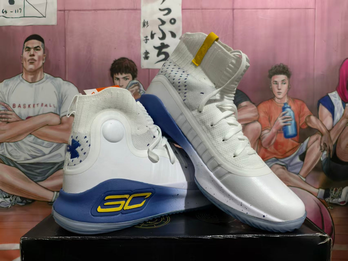 White and blue high-top basketball shoes with yellow accents, shown from the side.