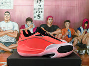 Side profile highlighting the pink mesh-textured upper, black toe detail, and translucent outsole.