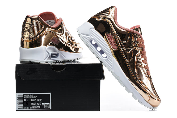 Rose-gold-toned Nike Air Max 90 QS sneakers shown on and beside the box; the box label displays US 8.5 and EU 40.