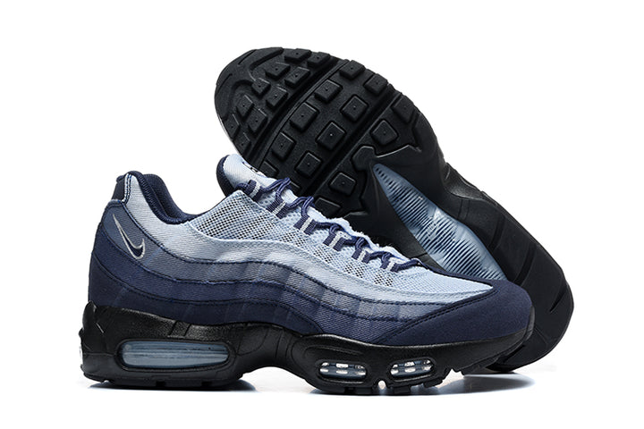 Nike Air Max 95 sneakers shown from the side and underneath in navy, light blue, and black.