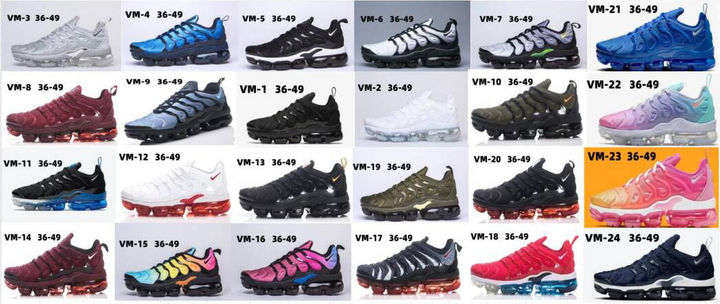 Grid showing assorted Nike VaporMax-style sneakers in multiple colors, labeled with style codes and a size range of 36–49.