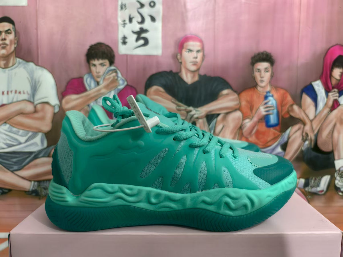 Side view of a blue-green basketball sneaker with darker green accents and a sculpted outsole.