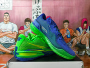 Blue and volt-green basketball shoes shown together from angled side views.