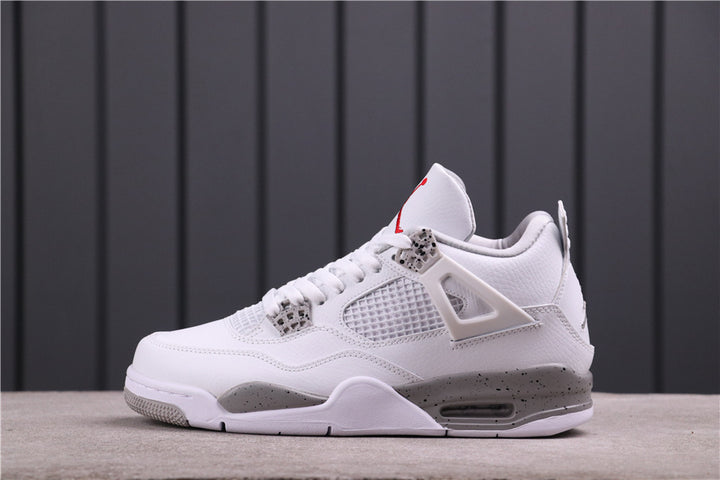 Side profile of a predominantly white Jordan Air Jordan 4 SE sneaker with gray speckled midsole accents and mesh side panel.