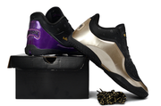 Black, purple and gold Nike LeBron 23 basketball shoes arranged over a black shoebox.