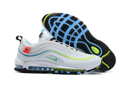Side profile and outsole view of white Nike Air Max 97 sneakers with blue and neon accents
