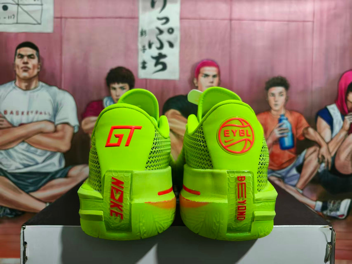 Rear view of fluorescent green Nike basketball sneakers with red heel branding and contrasting graphic details.