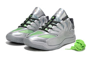 Pair of silver Nike KD 18 sneakers with green laces.