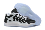 Black and white Nike KD 17 basketball shoes with a pale blue outsole.