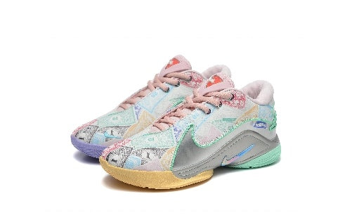 Multicolor Nike LeBron 22 sneakers with pastel panels, pink laces, gray sections, and gum-colored outsoles.