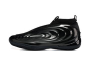 Profile view showing the glossy sculpted side panels of a black sneaker