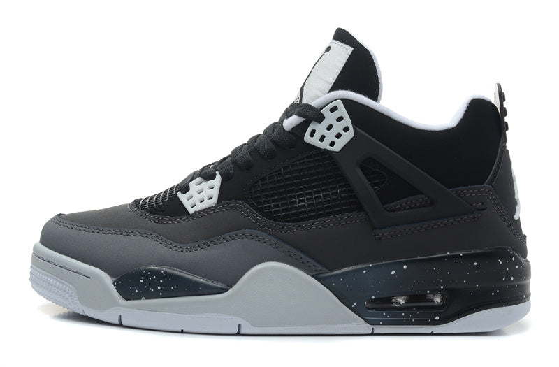 Side profile of a black and grey Jordan 4-style high-top sneaker with white accents and a speckled midsole.