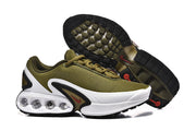 Olive green Nike Air Max DN sneakers shown from the side and outsole.