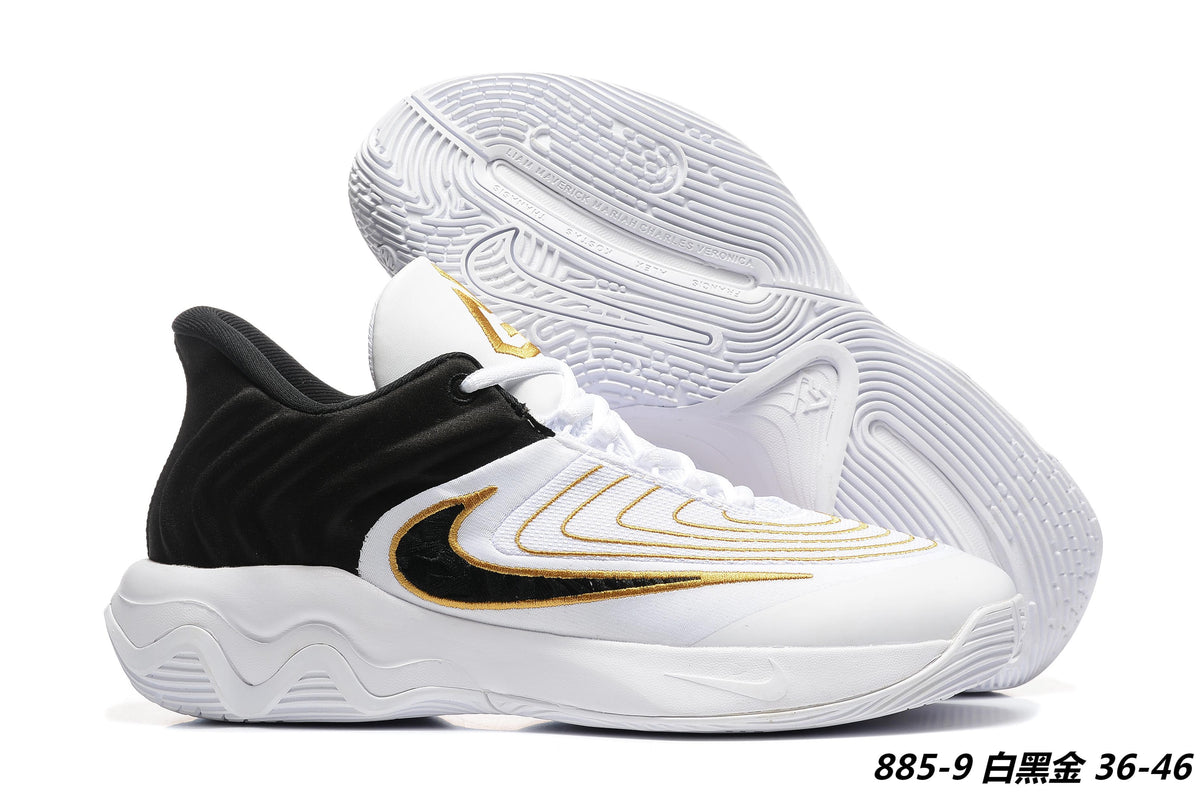 White basketball sneakers with black and gold detailing, style code FZ6734-100.