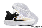 White basketball sneakers with black and gold detailing, style code FZ6734-100.