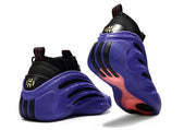 Purple Adidas Harden Vol. 9 Snake Year edition sneakers shown from the heel and outsole angles.