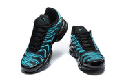 Pair of black and blue Nike Air Max Plus sneakers shown from front angles.