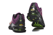 Rear and outsole views of Nike Air Max Plus VI sneakers with lime accents and visible cushioning.