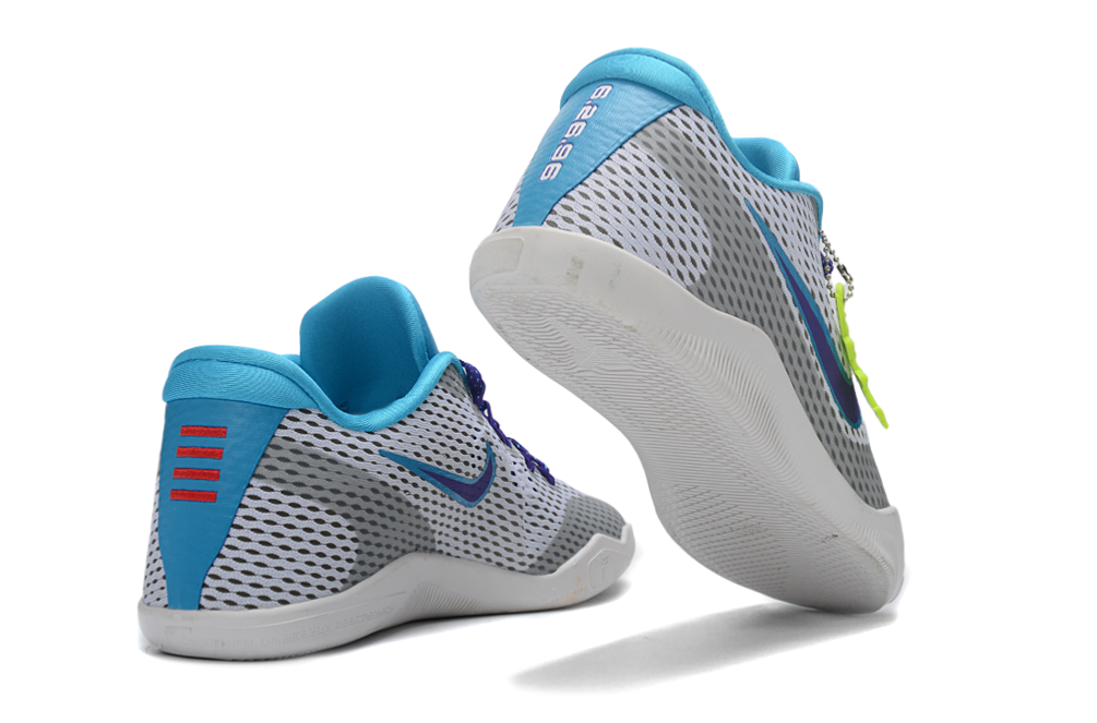 Gray and blue Kobe 11 shoes shown from the heel and outsole