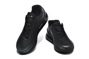 Pair of black low-top Nike Air Max sneakers, shown from the front.
