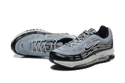 Pair of grey and black Nike Air Max 97 OG sneakers, shown from above and the side