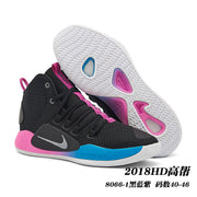 Black Nike Hyperdunk high-top shoe with pink and blue accents, shown beside the outsole; image text gives style code 8066-1 and size range 40-46.