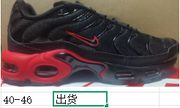 Side view of a black and red sneaker with the Chinese size range 40–46 shown beneath it.