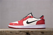 Opposite side profile showing the red and white sneaker design, black Nike branding, black collar lining, white midsole, and red outsole.