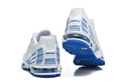 Rear views of white and blue Nike Air Max Plus III sneakers showing the heel design and outsole.