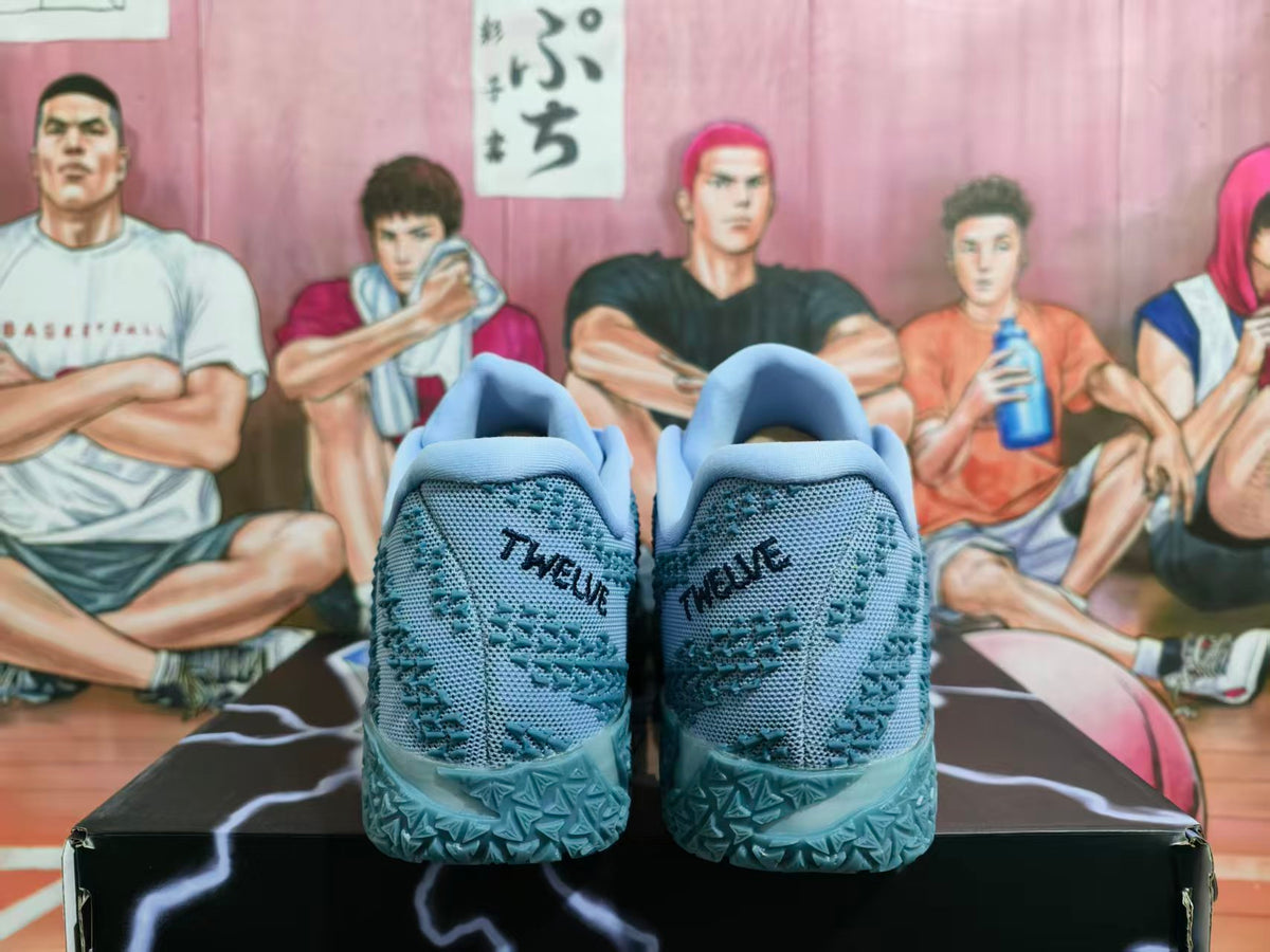 Rear view of light blue Nike basketball sneakers showing textured heels, darker blue details and patterned outsoles.