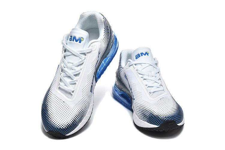 Pair of white Nike Air Max sneakers with blue dotted accents, blue heel units, and white laces.