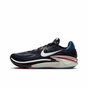 Black Nike GT Cut 2 sneaker with a white Swoosh, blue heel panel, and pale layered midsole.