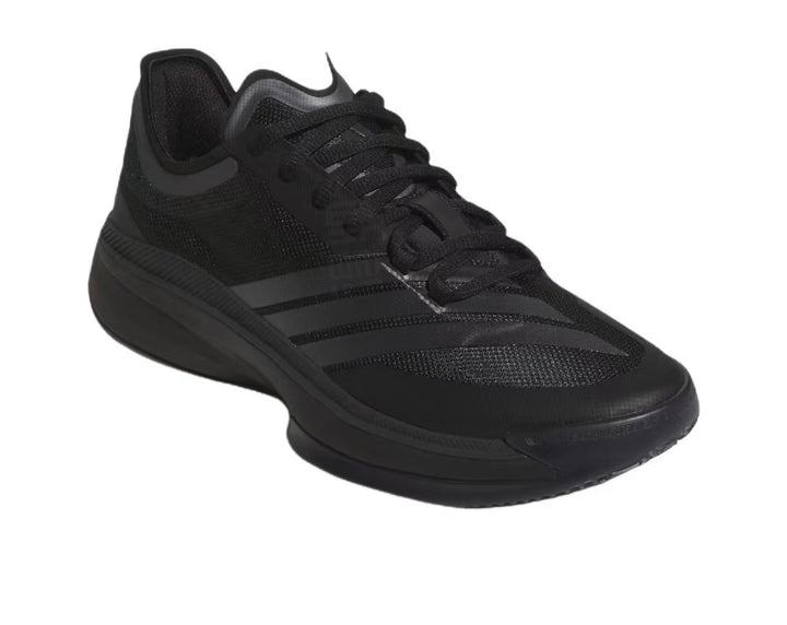 Black low-top lace-up sneaker with layered side panels and a textured rubber outsole