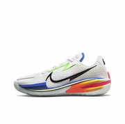 White GT Cut 1 sneaker with a black Swoosh, blue forefoot accents and multicolor orange and yellow sole details.