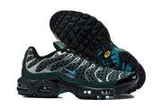 Nike Air Max Plus sneakers shown from the side and outsole, highlighting the patterned upper and black tread.