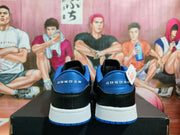 Rear view showing blue heel panels with JORDAN lettering