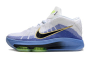 Side profile of white and blue Nike GT Hustle 3 basketball shoes with black and gold Swoosh.