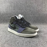 Pair of gray and purple mid-top sneakers shown from a front three-quarter angle.
